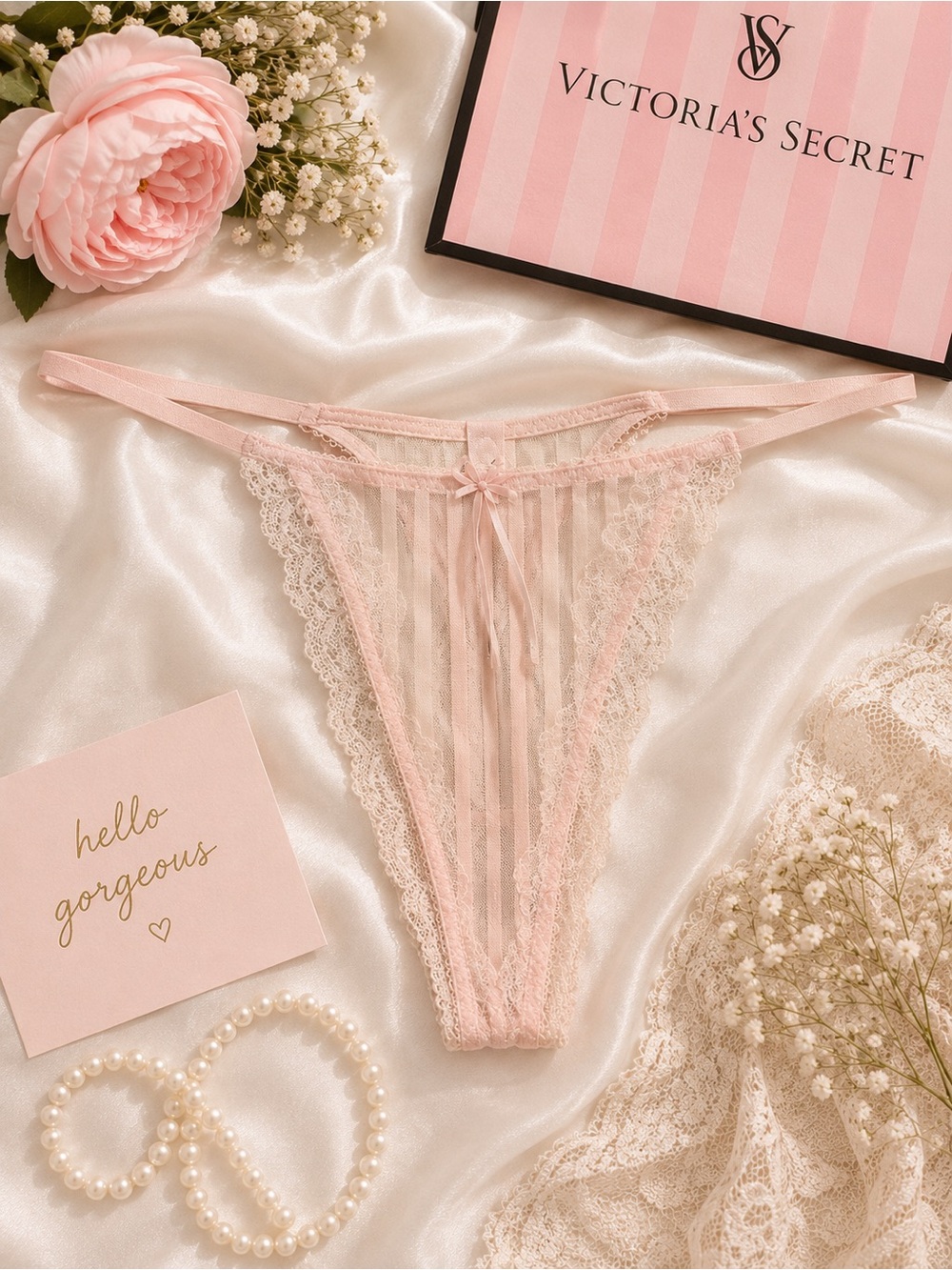 NWT Victoria's Secret Pale Pink Sheer Lace Thong Size XL